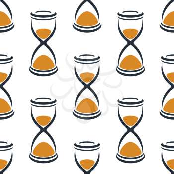 Seamless cartoon hourglasses in retro style with orange sand pattern on white background suitable for fabric or wrapping paper design 