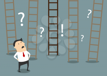 Confused cartoon businessman looking at ladders trying to choose the right way to success in flat style suitable for strategy planning and business choices concept design