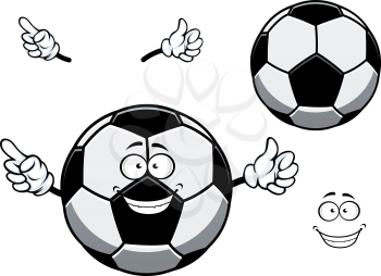 Cartoon football or soccer ball mascot character with cheerful smiling face in traditional black and white colors for sporting design