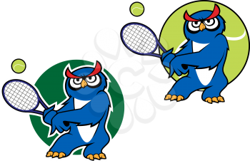 Cartoon blue owl playing tennis with tennis ball on the background and second variant with dark green backdrop suitable sporting mascot or emblem design