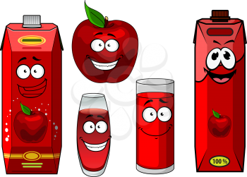 Happy cartoon natural juice characters including glasses with red drink, fresh red apple fruit and juice packs with screw caps suited for food design
