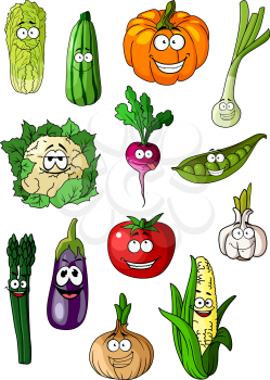Cartoon vegetables characters with tomato, onion, eggplant, corn, cabbage, pumpkin, pea, asparagus,garlic, radish, cauliflower and zucchini