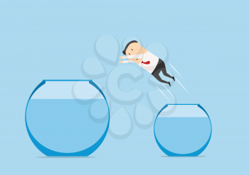 Cartoon businessman character jumping out from small to a bigger fish bowl suited for career development and empowerment business concept design