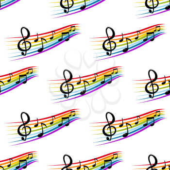 Seamless musical staves in rainbow colors pattern with black treble clef and notes of different duration on white background