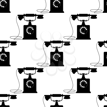 Seamless pattern of vintage telephone silhouettes with mouthpiece handset and rotary dial on white background for background or retro design