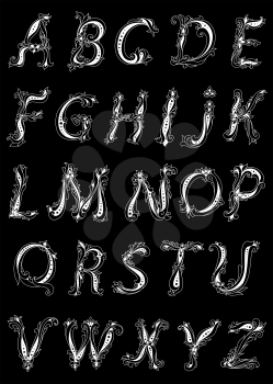 Floral uppercase letters alphabet in vintage outline style with flower petals and leaves scrolls on black background