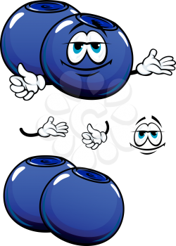 Fresh cartoon blueberry characters showing blue  berries with flared crowns at the ends suited for healthy food or recipe book design