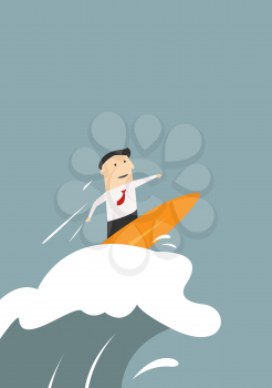 Businessman surfing on a big wave of success suitable for leadership or professionalism business concept design, cartoon style