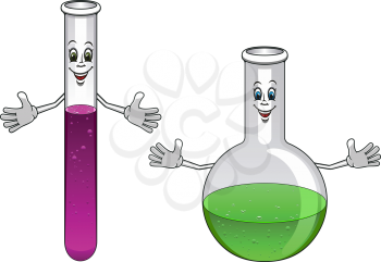 Happy glass test tube and flask cartoon characters showing laboratory glassware for chemistry or science design