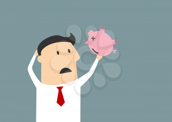 Sad cartoon businessman shaking empty piggy bank upside down trying to find some money for bankruptcy concept, flat style