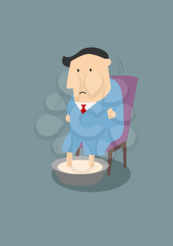 Cartoon illness businessman sitting on the chair and warming feet in a bowl of hot water, suited for sickness or treatment concept design