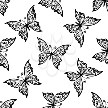 Graceful outline flying black butterflies with carved open wings seamless pattern, suitable for fabric or interior design