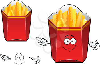 Takeaway cardboard cartons of crisp golden French fries, one with a happy face and arms, the second without, for fast food design