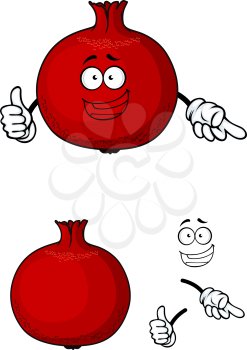 Happy cartoon red pomegranate fruit with a smiling face giving a thumbs up, with a second plain variant with separate elements, for nutrition and agricuture design
