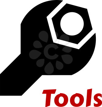 Black silhouette of a spanner or wrench tool around a hexagonal bolt and the word tools below, isolated on white