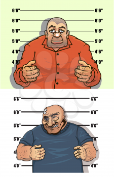 Thief and bandit characters posing facing the viewer on the height chart, police mug shop style