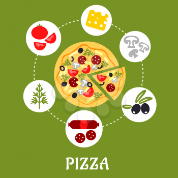 Pizza infographic with ingredients surrounding a cooked sliced pizza including salami, herbs, tomato, cheese, mushrooms and olives. Flat style