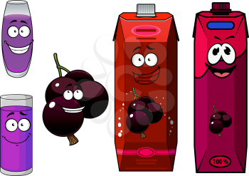 Happy cartoon currant  fruit and juice drinks in containers with happy face
