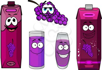 Cute smiling grape juice packs cartoon characters depicting bright violet cardboard containers with screw cups, glasses with grape juice and bunch of red violet grapes for food design