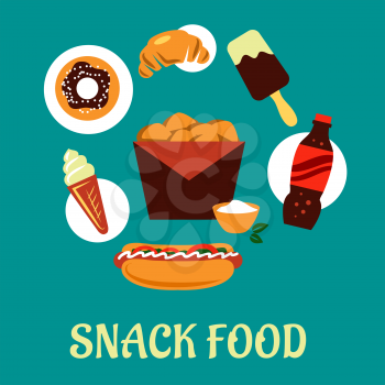 Snack food and drink concept in flat style including box of fried chicken with sauce cup surrounded ice cream, donut, soda, hot dog and croissant