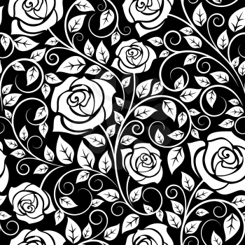 White rose flowers seamless pattern on black background for decor and interior design