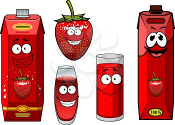 Happy strawberry juice packs cartoon characters showing bright red cardboard containers, juicy garden berry and filled glasses isolated on white background for beverage design