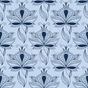 Indian ethnic floral seamless pattern in shades of blue with airy lace flowers in paisley style, petals and leaves curlicues for fabric or interior design