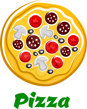 Hot fresh pizza top view with sliced salami, mushrooms, tomatoes and olives in cartoon style isolated on white background with text Pizza for toppings menu or pizzeria design