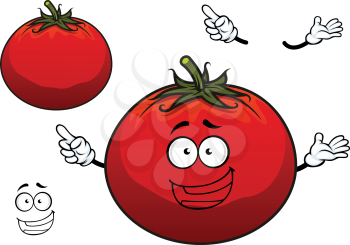 Happy cartoon red tomato plump vegetable character with wavy green stalk on the top for agriculture or vegetarian design