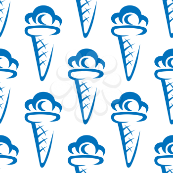 Outline ce cream in a waffle cone seamless pattern on white background suitable for food design