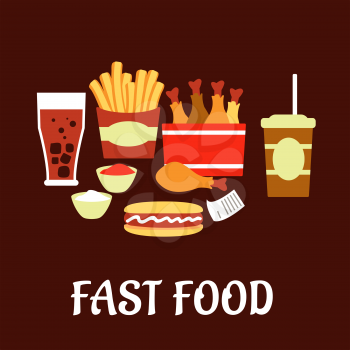 Fast food snacks and drinks set in flat style with takeaway french fries, hot dog, fried chicken legs, sauce cups, soda, coffee and bill on dark brown background 