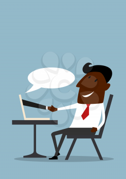 Happy cartoon african american businessman shaking hand with virtual business partner through laptop screen for internet trading or e commerce concept design