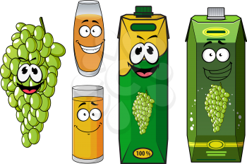 Natural grape juice cartoon characters with funny smiling glasses, yellow drinks, bunch of green grape fruit and bright juice cartons for beverage and drink design
