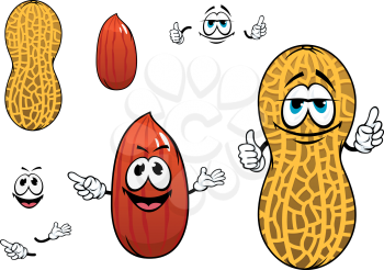 Funny cartoon peanuts characters with dried kernel in brown seed coat and whole legume fruit in yellow pod