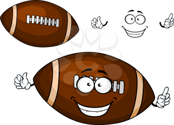 Rugby or american football cartoon brown ball character with white strips on pointed ends and lacing for sporting mascot design