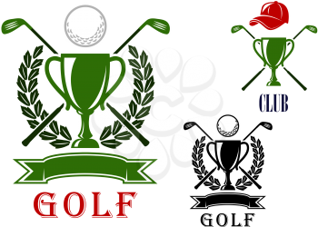 Golf club or tournament emblem and badges design templates with trophy cups, crossed clubs, balls, laurel wreath and blank ribbon banner and the second variant with peaked cap on the top