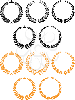 Traditional laurel wreaths in golden and black colors with crowns on the tops, for awards ceremony or sporting competition design 