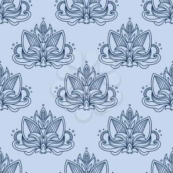 Stylized indian lotus seamless pattern background in shades of blue color decorated with traditional paisley ornamental elements, for wallpaper or interior design