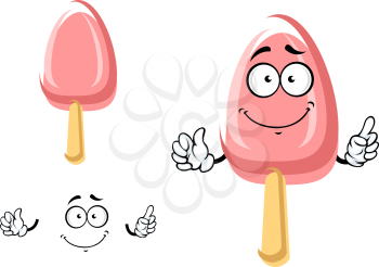 Cartoon joyful fruity pink ice cream on a stick or ice lolly character isolated on white background