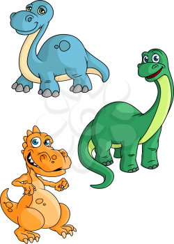 Cute smiling cartoon dinosaurs characters with orange tyrannosaurus, blue and green brontosauruses isolated on white background for sport team mascot design
