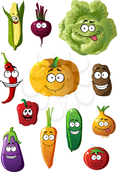 Colorful fresh healthy farm vegetables characters with happy smiles with corn, cabbage, beet, chili pepper, pumpkin, potato, pepper, carrot, eggplant, cucumber, onion, carrot and tomato