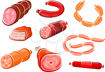 Cartoon processed meats and sausages with ham, pork, meatloaf, salami isolated on white background