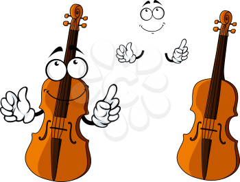 Cartoon brown violin instrument character with happy smiling face and little hands, for art and music design