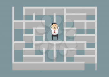 Frustrated businessman trapped in a maze conceptual of an inability to solve a problem, flat design