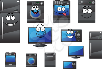 Cartoon electrical household and kitchen appliances with happy faces including refrigerator, stove, television, computer, washing machine and microwave