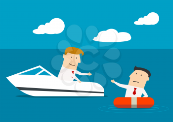 Businessman in a boat rescuing a businessman floating in a life buoy,  as a concept of cooperation big and little business