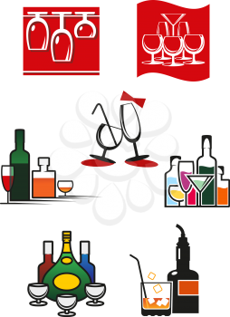 Glasses, wineglasses and alcohol icons or symbols for cafe, bar or restaurant design