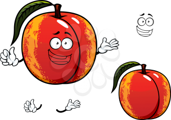 Funny ripe nectarine fruit cartoon character with smooth red yellow skin and leaf isolated on white background