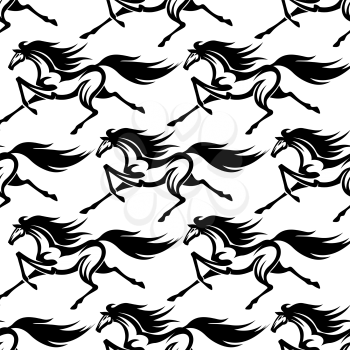 Galloping wild horses seamless pattern background in black and white colors with running horses for fabric or background design