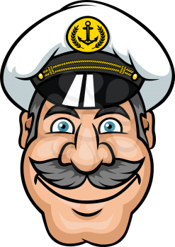 Ship captain or sailor in white peaked cap with gray hair and lush moustache in cartoon style